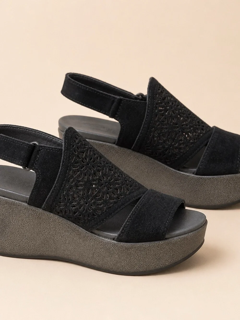 Yellow Box Black Laser-Cut Slingback Wedge Sandals